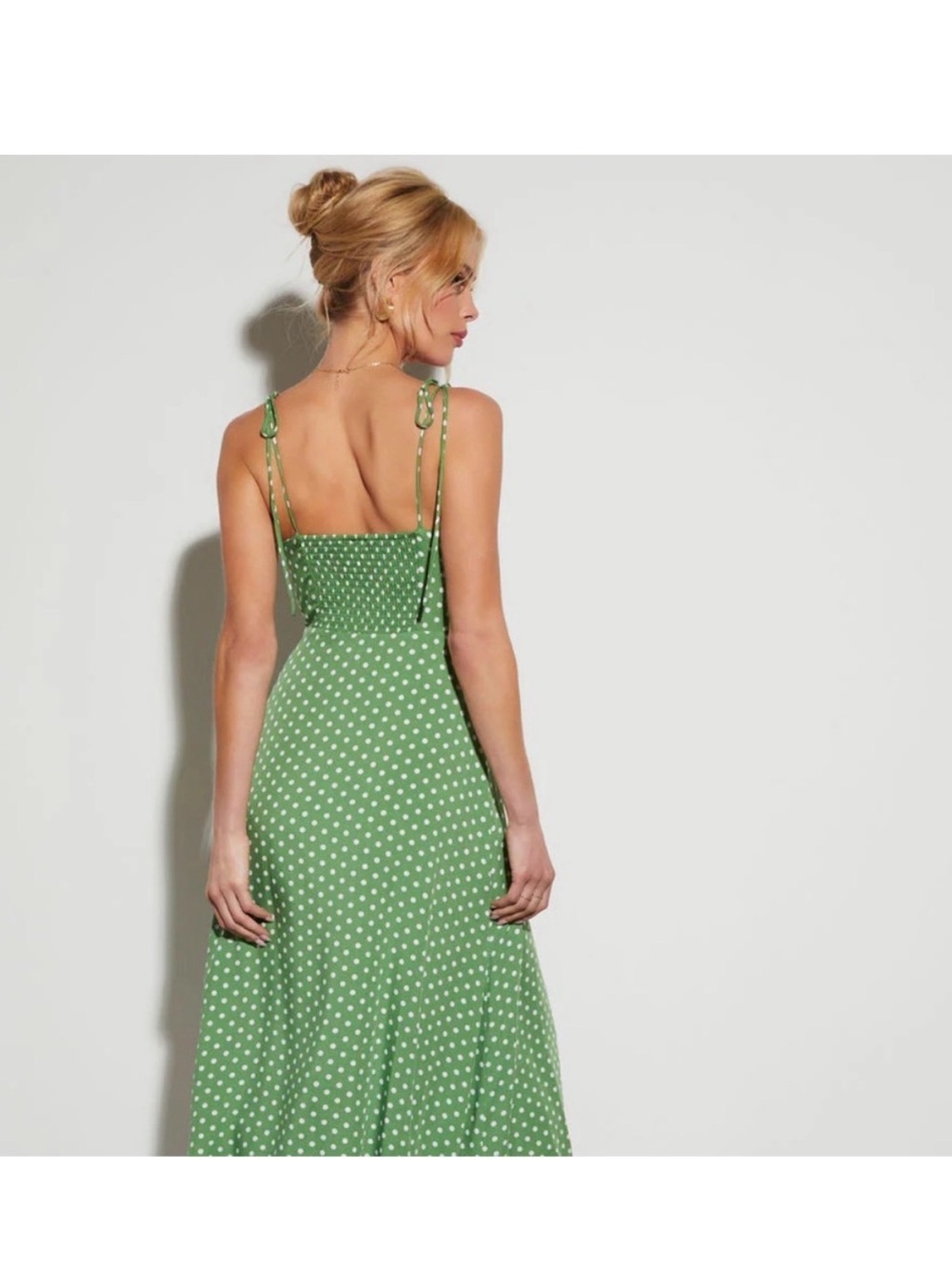 Women's Green Polka Dot Tie-Shoulder Maxi Dress - Picture 2 of 3